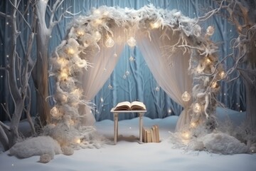 christmas decorated arch, open book with christmas arch in winter forest. magical forest with christmas arch - obrazy, fototapety, plakaty
