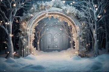 christmas decorated arch, christmas arch in winter forest. magical forest with christmas arch - obrazy, fototapety, plakaty