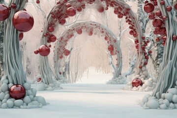 christmas decorated arch, christmas arch in winter forest. magical forest with christmas arch - obrazy, fototapety, plakaty