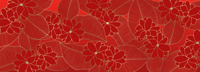 Bright festive floral background with a golden outline of flowers with leaves. Red vector background in Chinese style for cards, holiday invitations, wallpapers, decor, covers. - obrazy, fototapety, plakaty