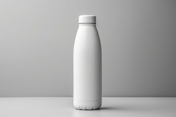 White Thermal Bottle Appears To Levitate Against Gray Background With Subtle Shadow