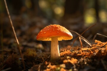 Mushroom with bright orange cap illuminated by sunlight in a forest. Generative AI