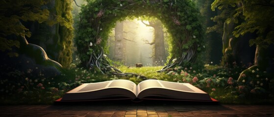 Open book revealing the jungle. Eco concept. Magical forest.  Knowledge concept