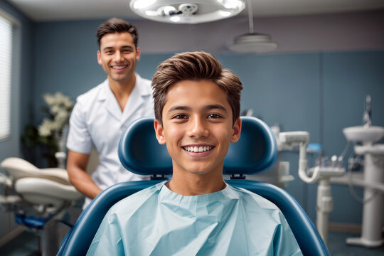 Dentist Series - Perfect Bright and Healthy Teeth, Teenage Boy with Male Dentists in Consulting room, created with Generative AI technology