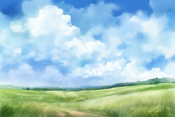 Fototapeta na wymiar Watercolor illustration of a grassland and blue sky. Generative AI