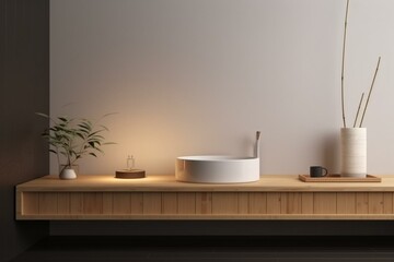 Minimal cozy counter mockup for product presentation. Japan style bathroom interior. Generative AI