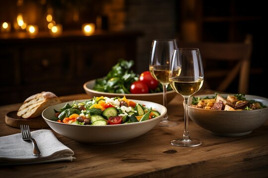 A table set with various delectable dishes and wine glasses, displaying a sumptuous meal arrangement in an elegant setting.