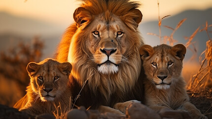 Lions family closed up in safari with warm light. - obrazy, fototapety, plakaty