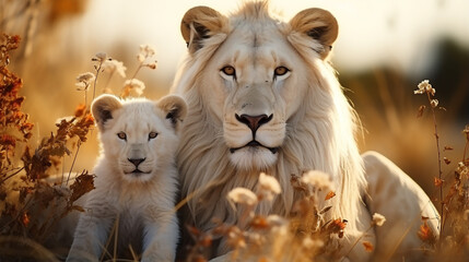White Lions family closed up in safari.