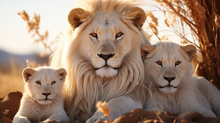 White Lions family closed up in safari. - obrazy, fototapety, plakaty