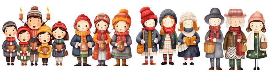 Christmas carolers , Set of Christmas Theme watercolor illustration , Christmas carolers isolated white transparent background, PNG