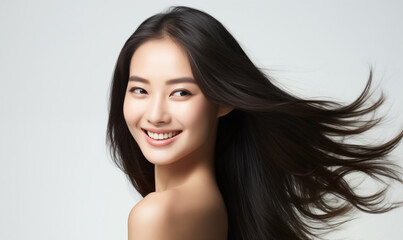 Portrait of a beautiful Asian woman with a bright smile, hair is a beautiful black color, shampoo advertising concept Hair conditioner and cosmetic products,Generative AI