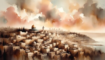 Fototapeta premium Generative AI painting of Jerusalem in watercolor