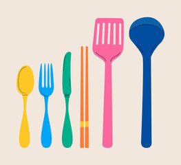 Set of kitchen utensils for cooking. Colorful vector illustration