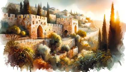 Generative AI painting of Jerusalem in watercolor - obrazy, fototapety, plakaty