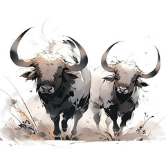 Illustration of a Charging Bull in Motion,bull with horns
