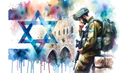 Generative AI image of A watercolor painting illustrating an Israeli soldier in a contemplative pose, with the Star of David shimmering beside him. 