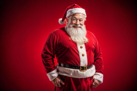 Image of Santa Claus standing in front of a red background, facing forward