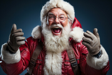 Aged playful emotion Santa Clause with comic grimace gesturing thumb up