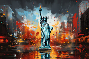 horizontal liberty statue painting concept, AI generated - obrazy, fototapety, plakaty