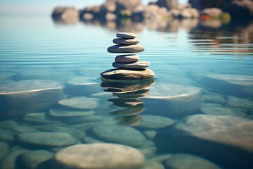 Stacked stones submerged in a tranquil water surface. Generative AI