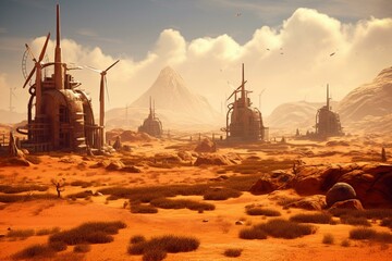 Windmills in desert, martian landscapes, green energy, eco-friendly systems, nature, future technologies, sky. Generative AI