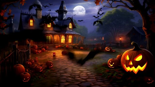 halloween scene with pumpkins with haunted house, seamless looping video background animation, cartoon anime style