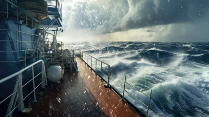 Zelfklevend Fotobehang Schipbreuk The deck of a ship is flooded with water during a storm. The ship's deck is flooded. Natural disaster concept.