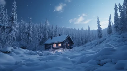 Fotobehang A remote, snow-covered cabin nestled in the heart of a pristine, wintery wilderness. © Amna