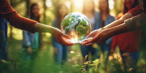 Human hands holding glass earth in green forest with sunlight. Environment, save the World, earth day, ecology, and Conservation Concept. - obrazy, fototapety, plakaty