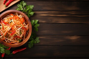 Thai food (Som tum), Spicy green papaya salad.Top view