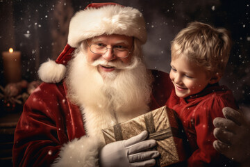 Little boy getting gift from Santa Claus in Santa home. Christmas fairytale