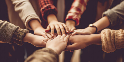 Group of mix race people joining hands together in a circle supporting each other, symbolizing unity - Powered by Adobe