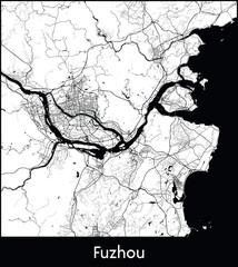Fuzhou Minimal City Map (China, Asia) black white vector illustration