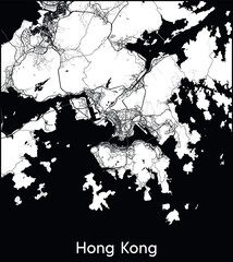 Hong Kong Minimal City Map (China, Asia) black white vector illustration - obrazy, fototapety, plakaty