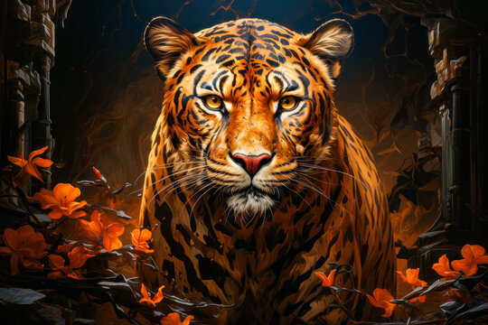 Image of tiger with orange leaves on the ground.