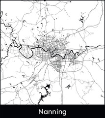 Nanning Minimal City Map (China, Asia) black white vector illustration