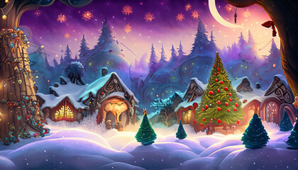 Cartoon winter landscape with christmas tree, houses and moon in the fantasy village