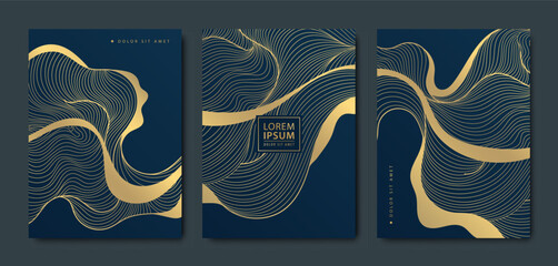 Vector line golden wavy pattern, art deco fancy covers. Luxury design, ocean, river waves illustrations. Japanese minimalist style - 664837364