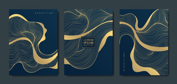 Vector Line Golden Wavy Pattern, Art Deco Fancy Covers. Luxury Design, Ocean, River Waves Illustrations. Japanese Minimalist Style