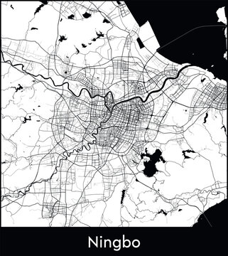 Ningbo Minimal City Map (China, Asia) black white vector illustration