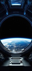 Earth Viewed From Inside Space Station. Сoncept Astrobiology, Space Exploration, Microgravity Research, Astronaut Experiments, Earth Observation