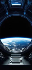 Foto op Canvas Earth Viewed From Inside Space Station. Сoncept Astrobiology, Space Exploration, Microgravity Research, Astronaut Experiments, Earth Observation © Anastasiia