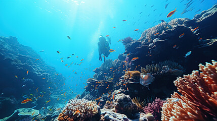 Fototapeta na wymiar A young man scuba dives on a beautiful soft coral reef in the South Andaman.