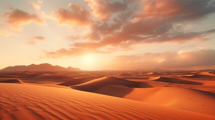 A serene desert landscape with endless sand dunes, touched by the golden rays of the setting sun. - obrazy, fototapety, plakaty