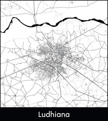 Ludhiana Minimal City Map (India, Asia) black white vector illustration