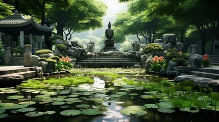 Fototapeta na wymiar A serene, lotus-filled pond in a peaceful Asian garden, surrounded by lush greenery and stone statues.
