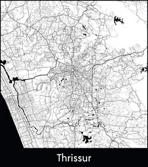 Thrissur Minimal City Map (India, Asia) black white vector illustration