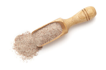 Organic Ragi Flour (Eleusine coracana) or Finger Millet Flour in a wooden scoop, isolated on a...