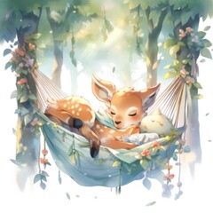 A sleepy baby deer in a hammock. watercolor illustration.